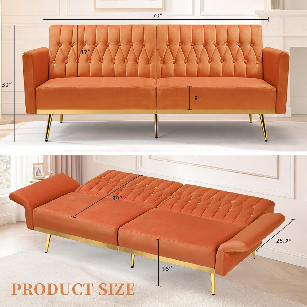 70” Velvet Futon Sofa Bed w/Adjustable Armrests, Orange