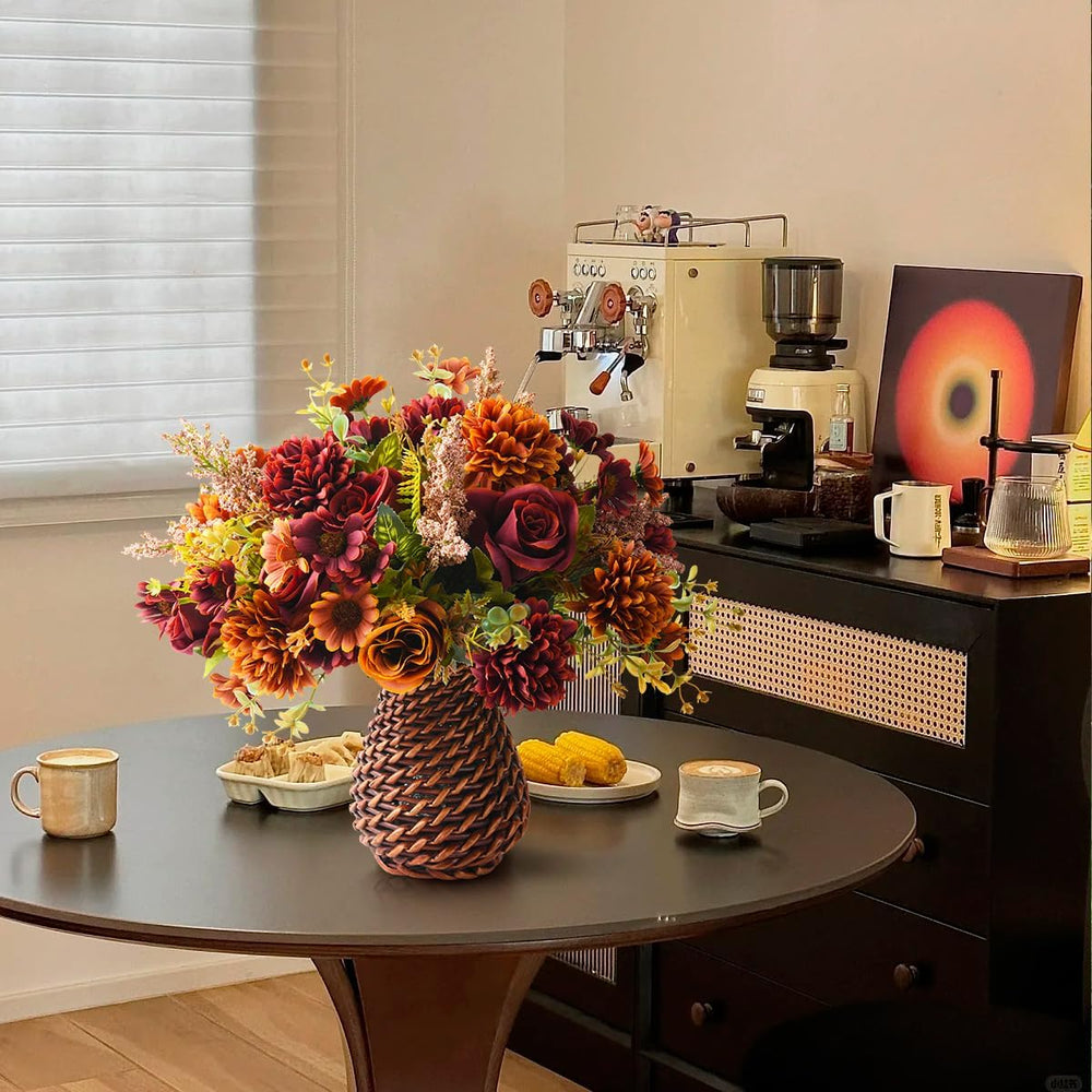Fall Artificial Faux Flowers in Vase Fake Silk Rose Bouquets Indoor Decor