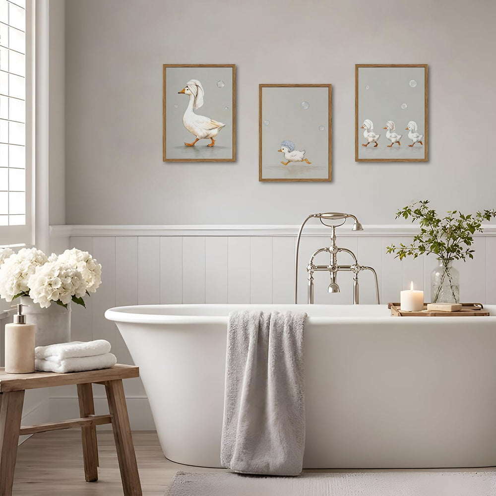 Cute Goose Bathroom Wall Art Set of 3, Funny Duck Bath Wall Decor Painting, W...