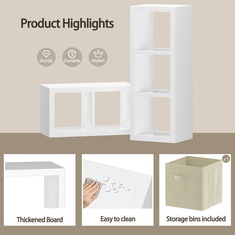 furtble 3 Cube Storage Organizer Shelf with Bins, White 3 Tier Bookcase with ...