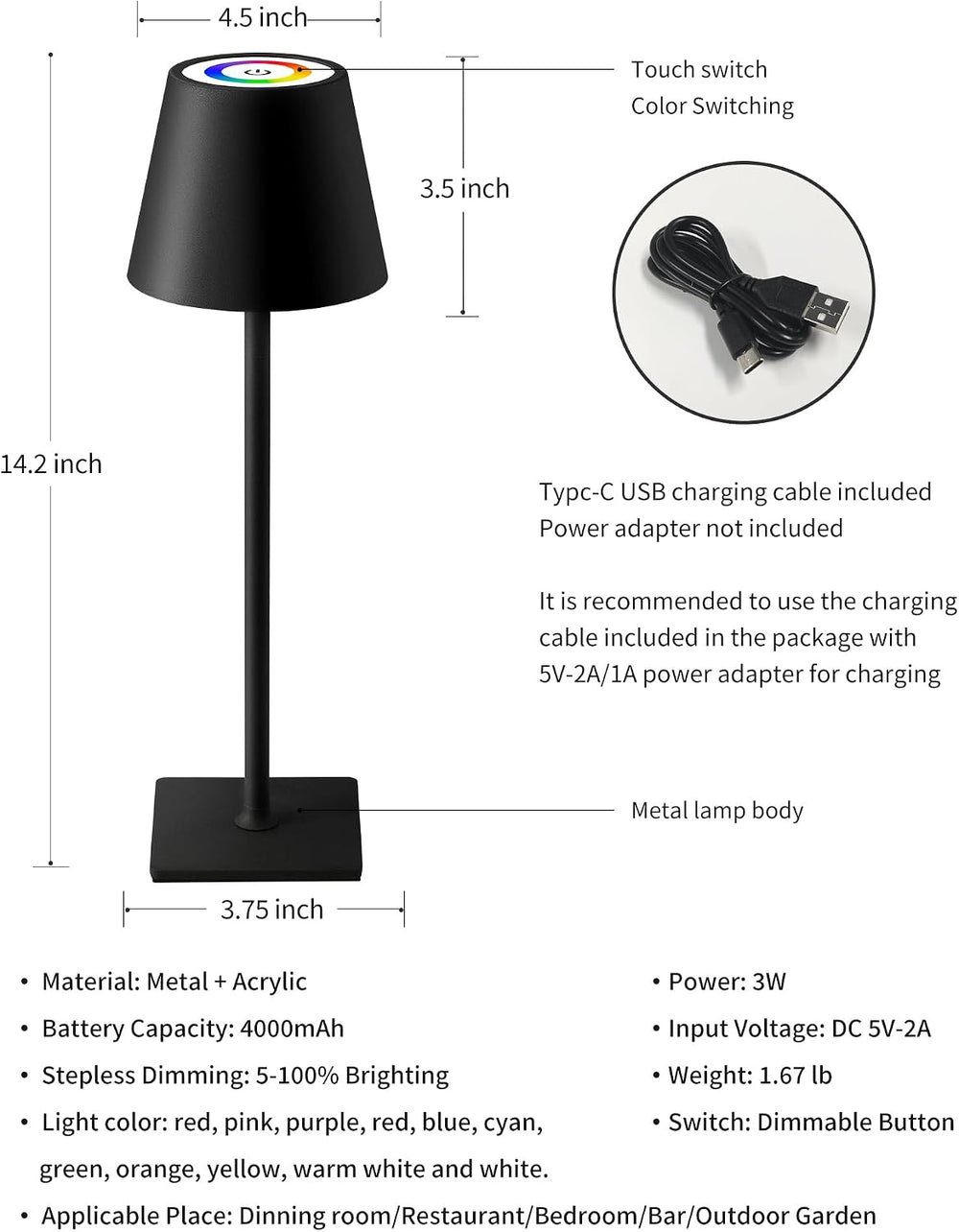 KDG 2 Pack Cordless Black Table Lamps, RGB Color Stepless Dimming Desk Lamp