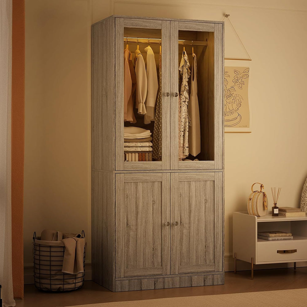 VOWNER 75" Tall Armoire Wardrobe Closet with 2 Glass Doors