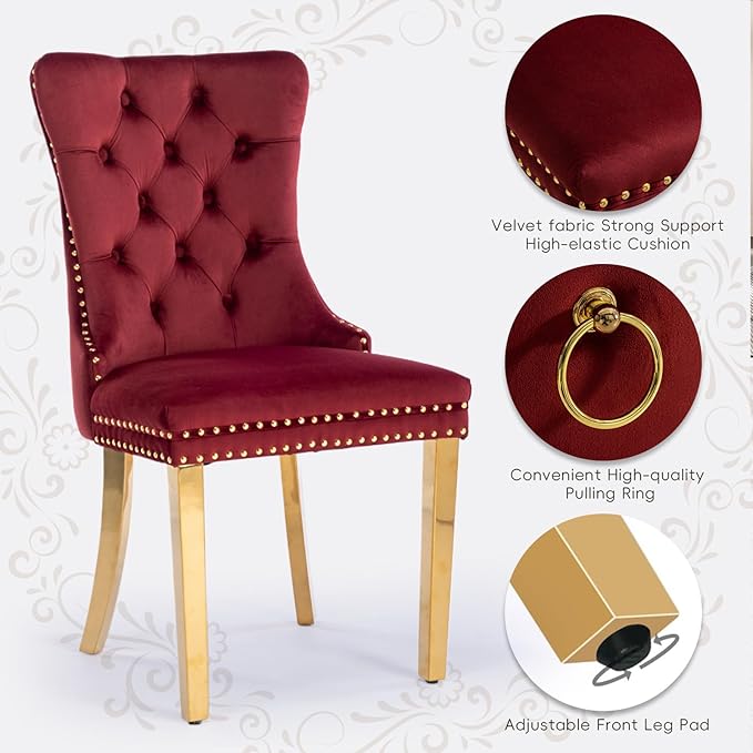 Velvet Upholstered Dining Chairs Set of 2, Modern Style Kitchen Side Chairs w...