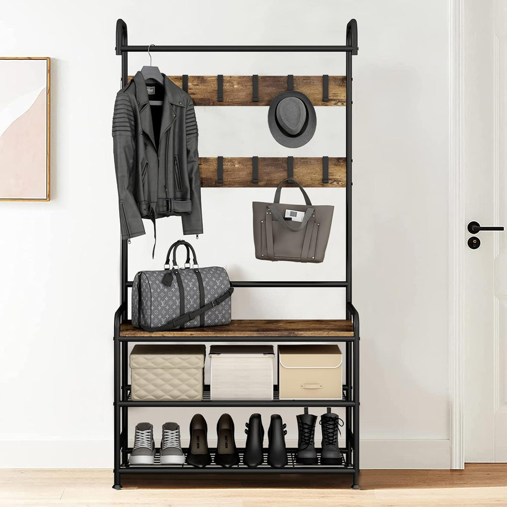 LINZINAR Coat Rack Hall Tree with Bench and Shoe Storage 3 in 1 Entryway | St...