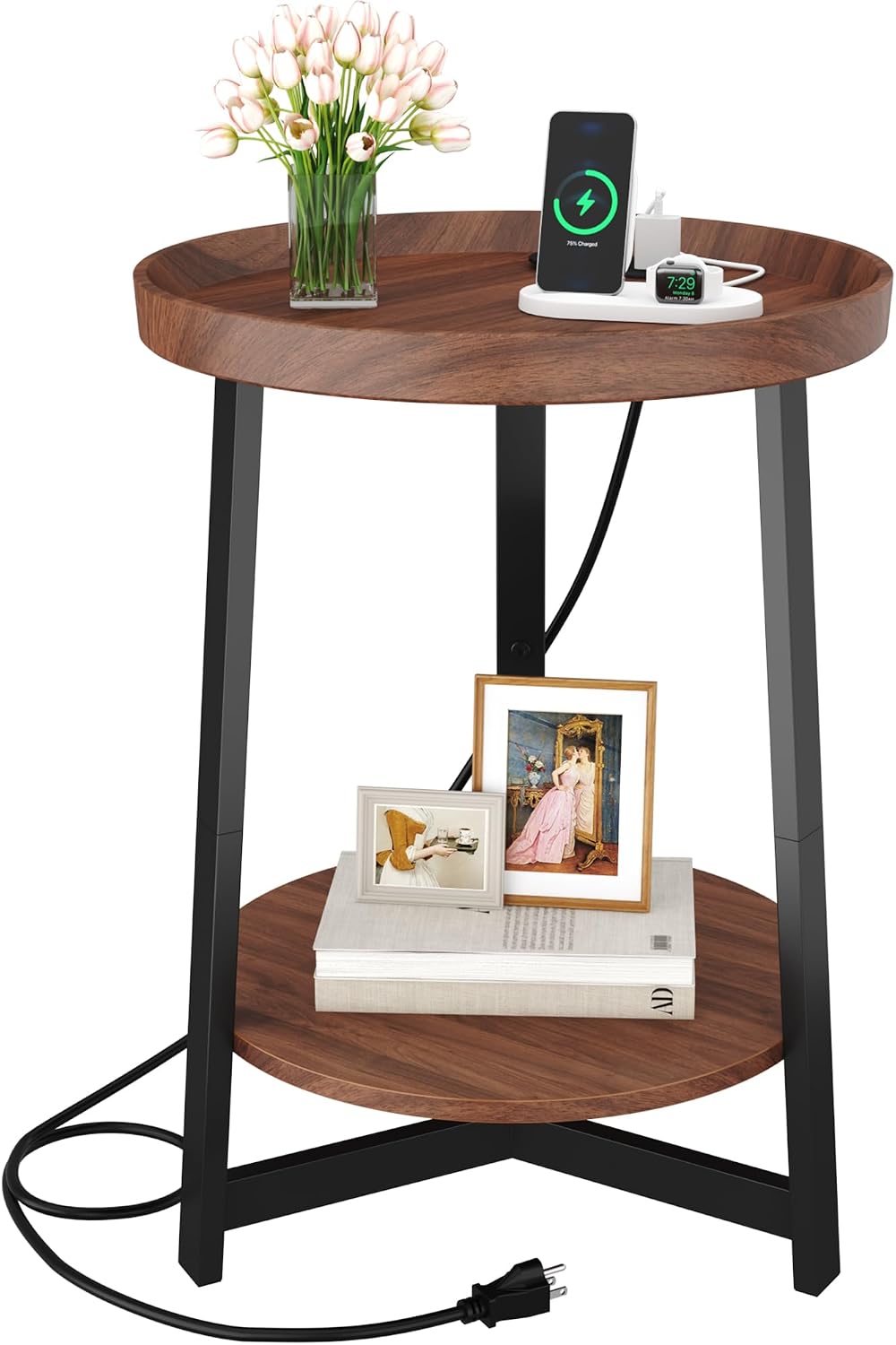 Round Industrial Side Table with Charging Station,2-Tier Round End Table with...