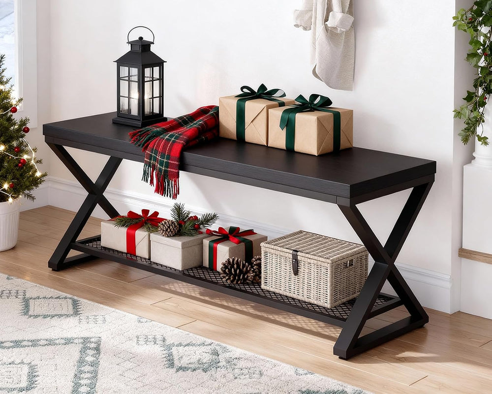 LVB Black Entryway Bench with Storage, Indoor Shoe Bench with Seating 39 in