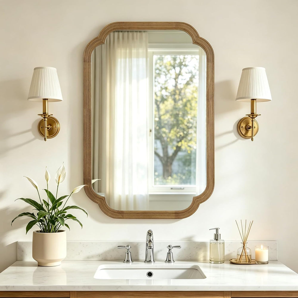 Wood Bathroom Mirror for Wall Decor Arched Rounded Corner Rustic Wood Frame W...