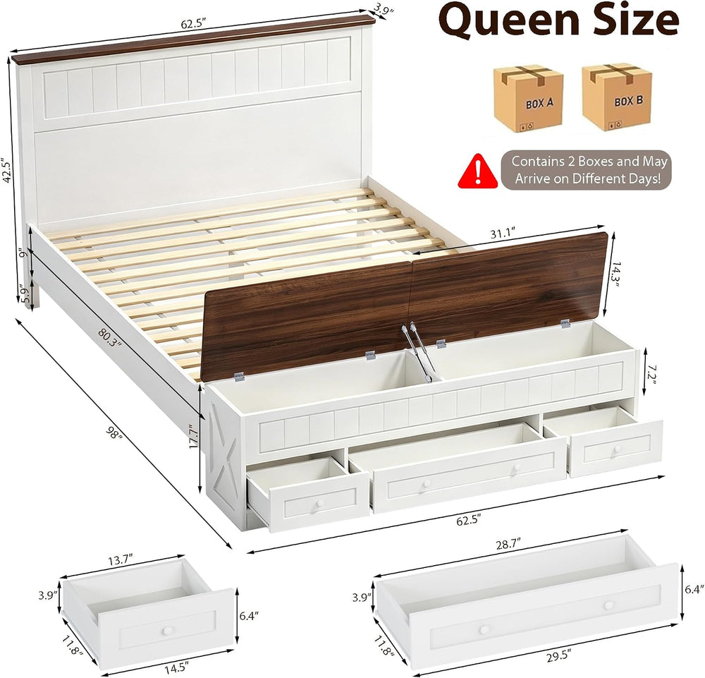 Farmhouse Queen Bed Frame with Headboard and Storage Bench (White)
