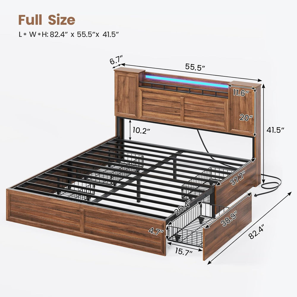 Farmhouse Full Size Bed Frame with Headboard and Double Barn Door Storage Cab...