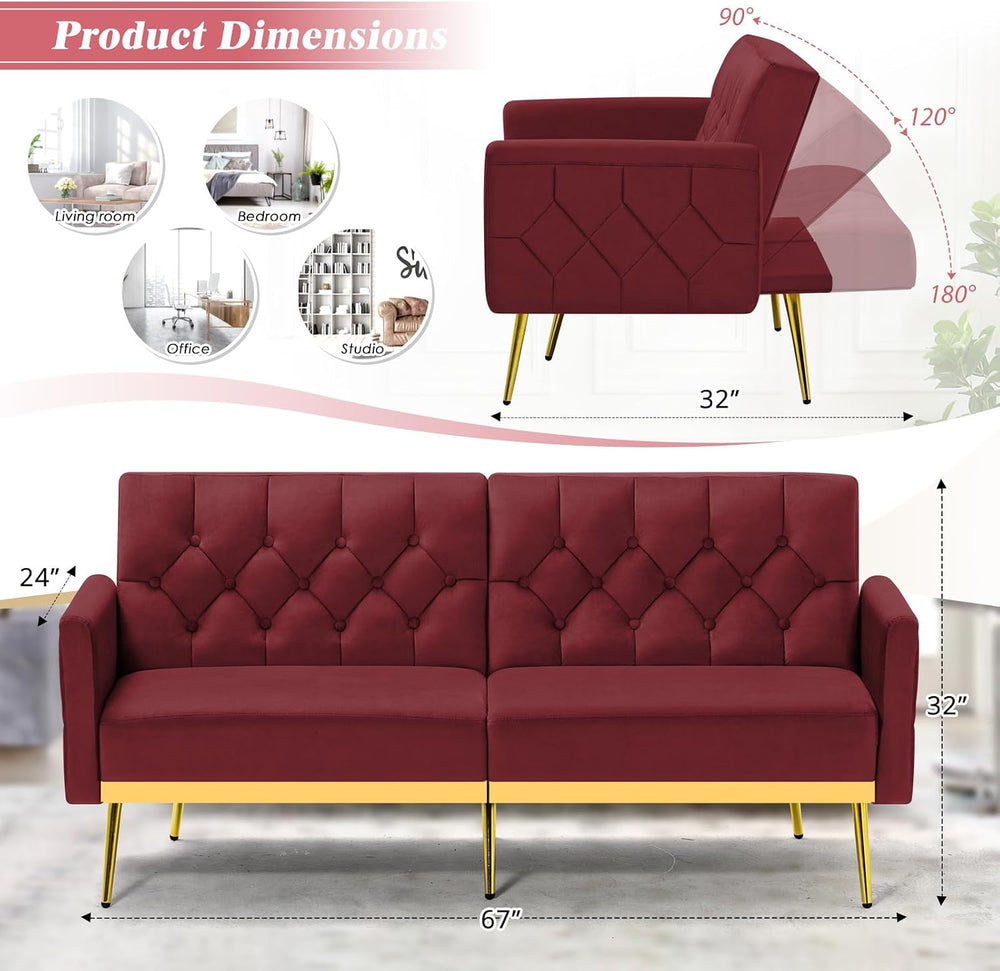 Velvet Sofa Bed w/Adjustable Armrests & Backrests, Red