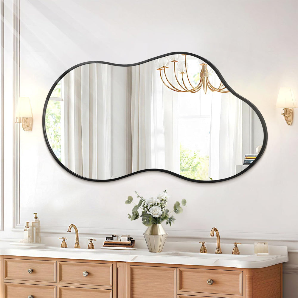 JJUUYOU Irregular Wall Mirror Black Metal Framed Decorative Asymmetrical Bath...