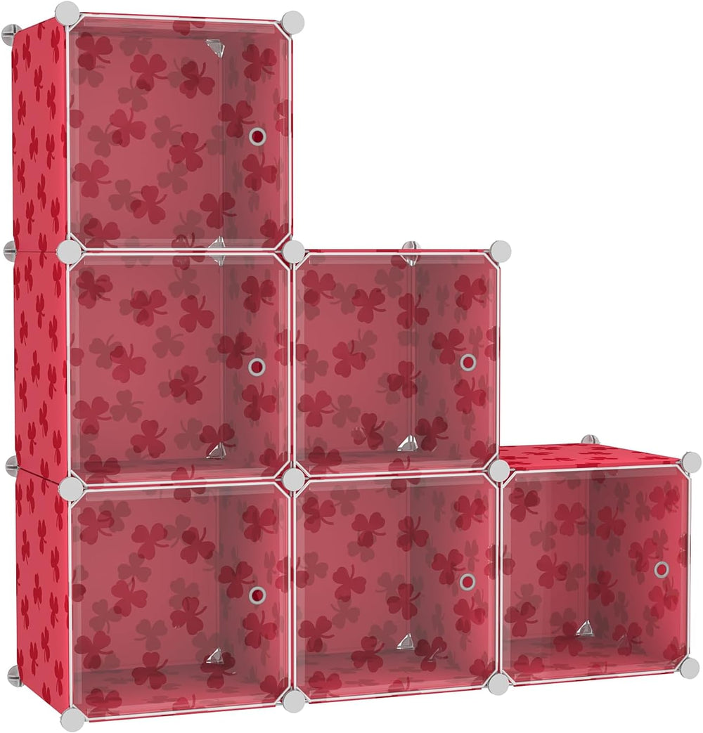C&AHOME Clover Embossed 6-Cube Storage Organizer with Doors Cube Shelf Red