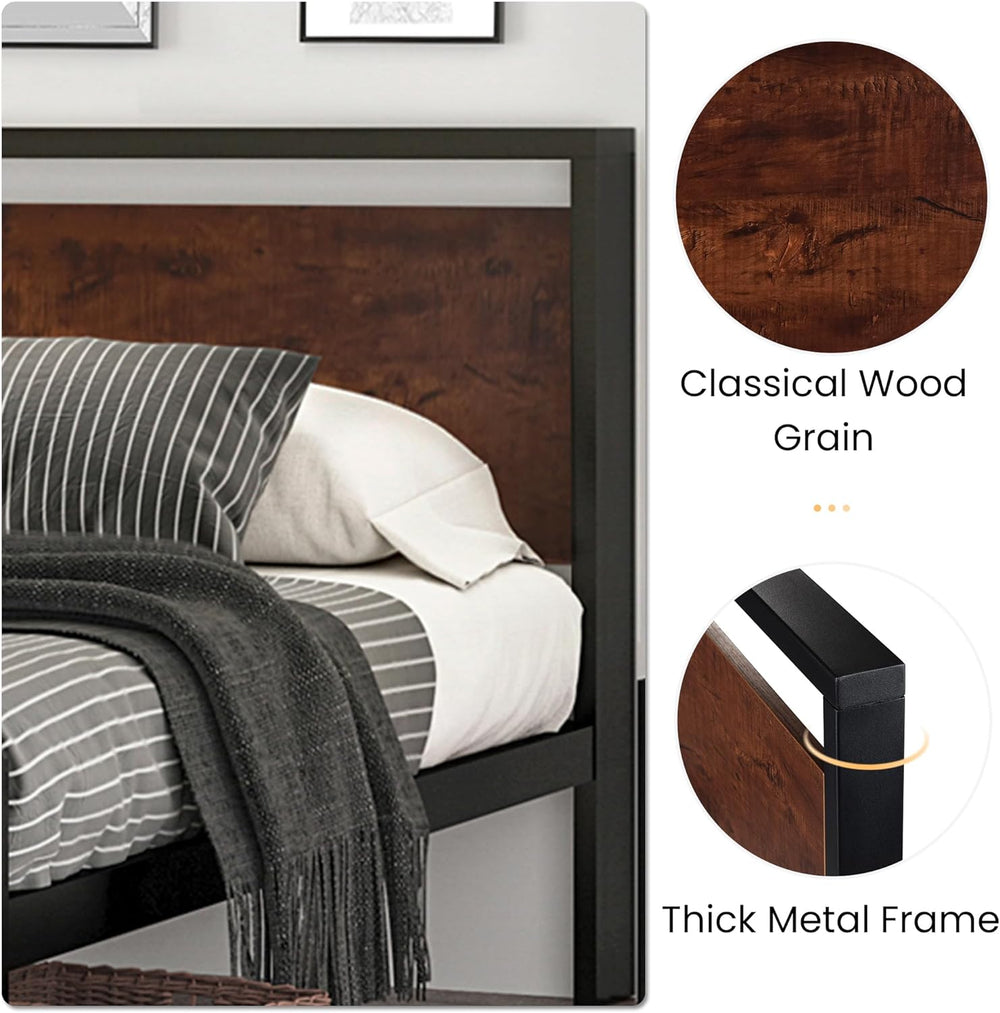 SHA CERLIN 14 Inch Full Size Metal Platform Bed Frame with Wooden Headboard a...