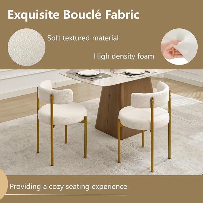 Boucle Dining Chairs Set of 2, White Dining Chairs with Upholstered Seat and ...