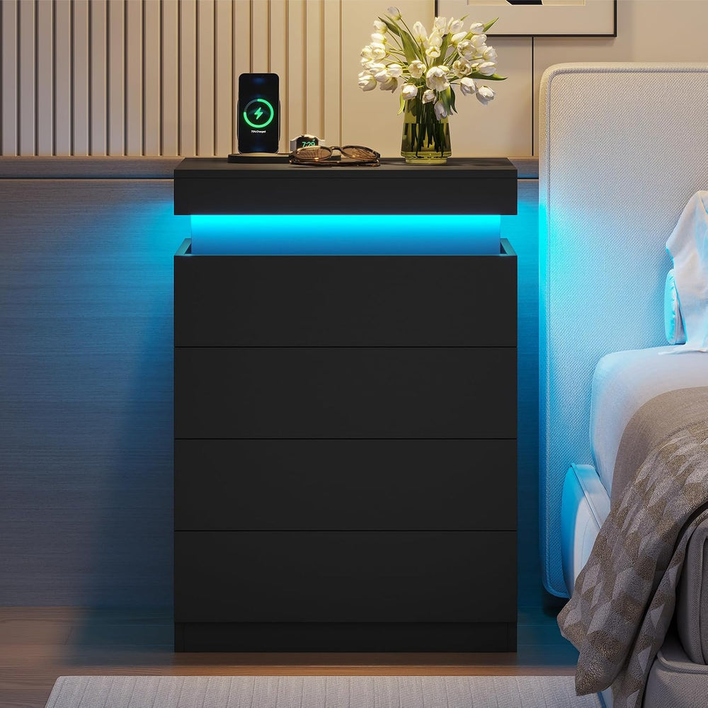 ADORNEVE Black Night Stand with Drawers and LED Lights | Bedside Table with C...