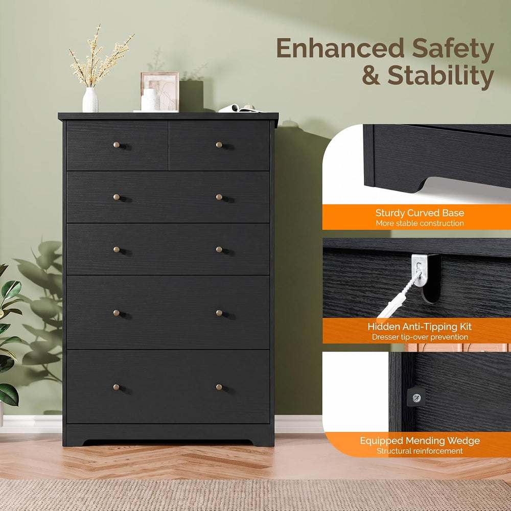 VINGLI 31.5"W Tall Black Dresser 6 Drawer Tall Black Chest of Drawers Deep