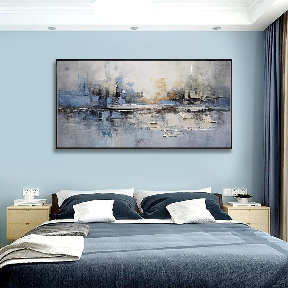 Abstract Wall Art Blue and White Reflection Large Size Framed Artwork Wall De...