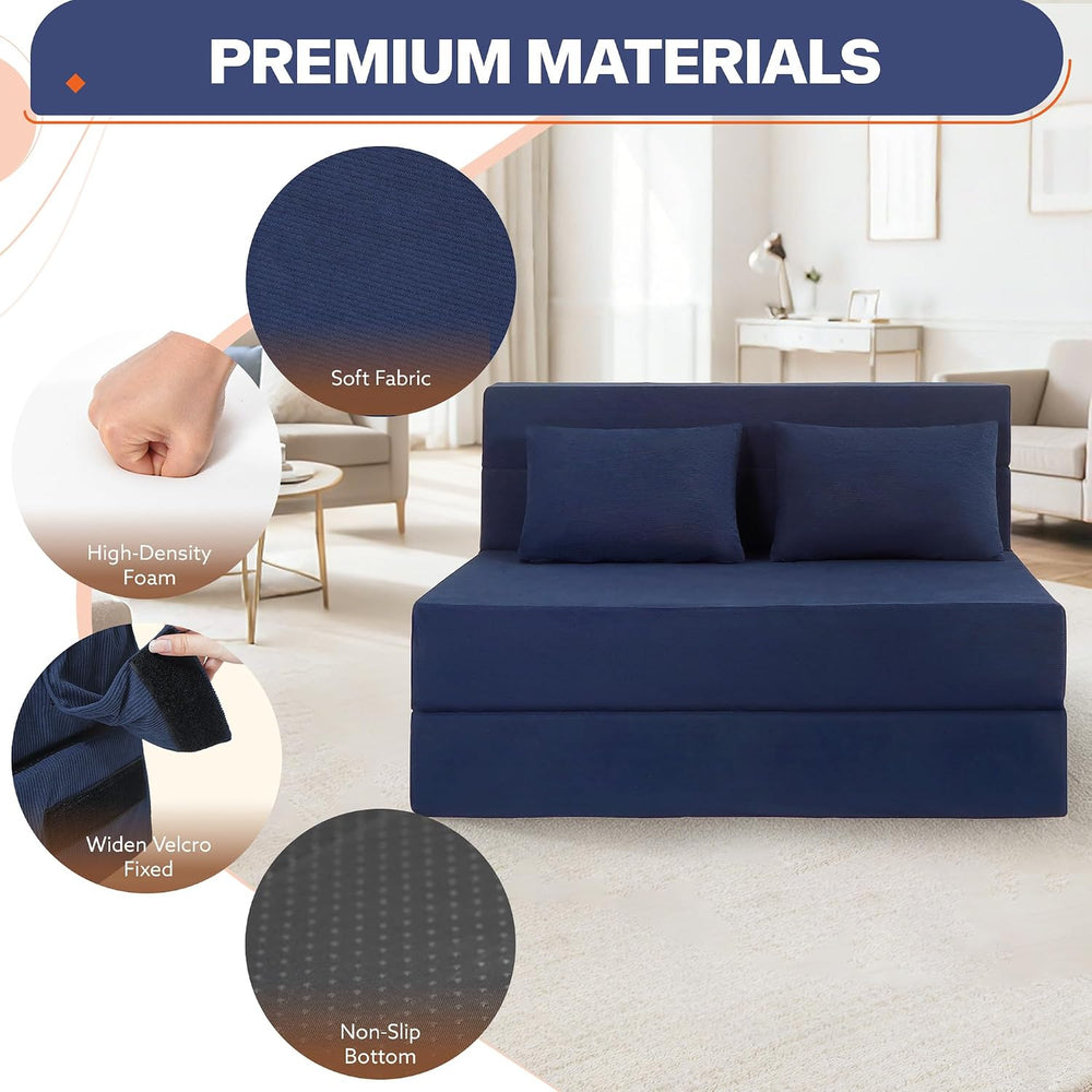 Fold Out Chair Bed with Pillow High-Density Foam Standard Size, Blue