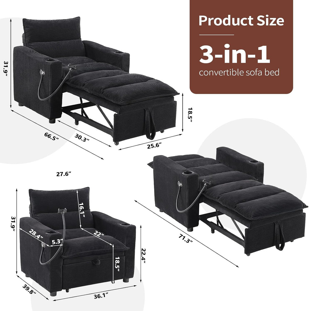 Corduroy Sleeper Sofa Bed with Cup Holders, 3-in-1 Convertible Pull Out Futon...