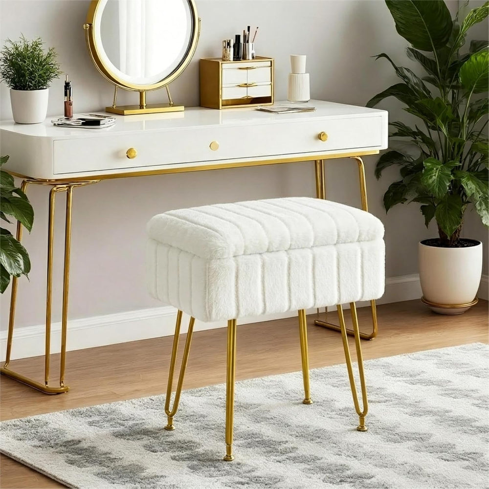 FUXA Vanity Stool Chair with Storage, Faux Fur and Metal Legs, White | Soft P...