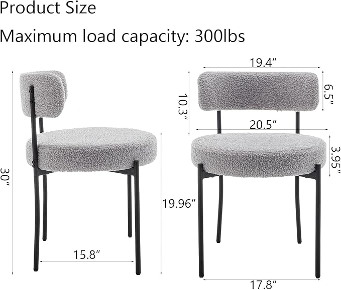 Boucle Dining Chairs Set of 2, Upholstered Dining Room Chairs with Black Meta...