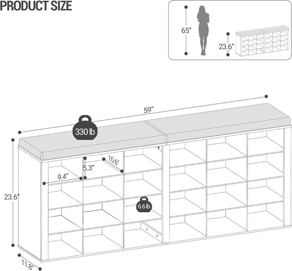 Hzuaneri Shoe Storage Bench with Cushion, Entryway Storage Bench with 24 Cubb...