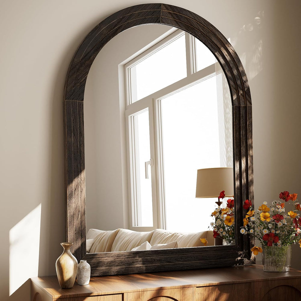40" x 30" Solid Wood Arched Framed Bathroom Mirror, Brown