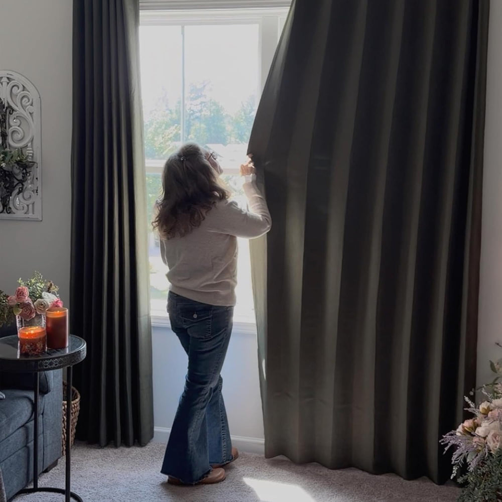 NICETOWN Vintage Olive Dark Green Pinch Pleated Linen Curtains 90 inch Long
