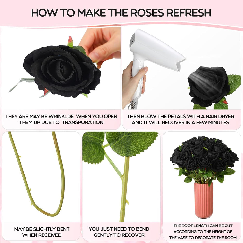 Jexine 100 Pcs Artificial Roses Flowers Bulk, Black