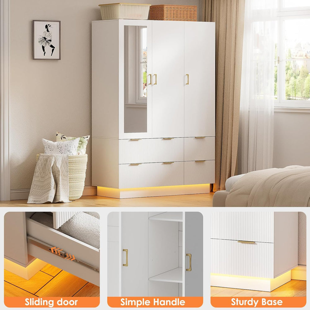 PAKASEPT Armoire Wardrobe Closet with 3 Door, Mirror, LED Lights