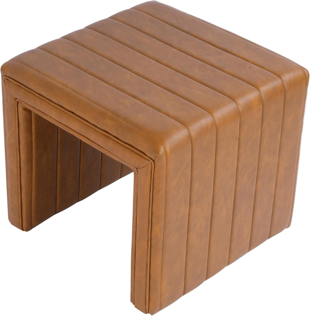 HomePop 19" Modern Channel Tufted Ottoman - Carmel Brown Faux Leather