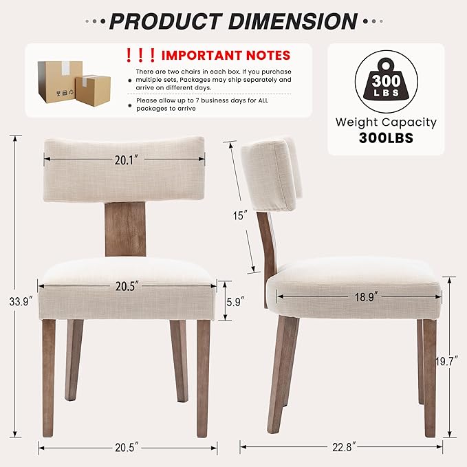 HNY Mid Century Modern Dining Chairs Set of 4, Farmhouse Linen Fabric Upholst...