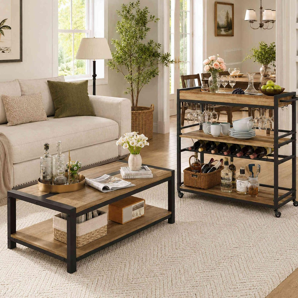 BON AUGURE Coffee Table with 2-Tier Open Shelf, Industrial 43In Vintage Oak
