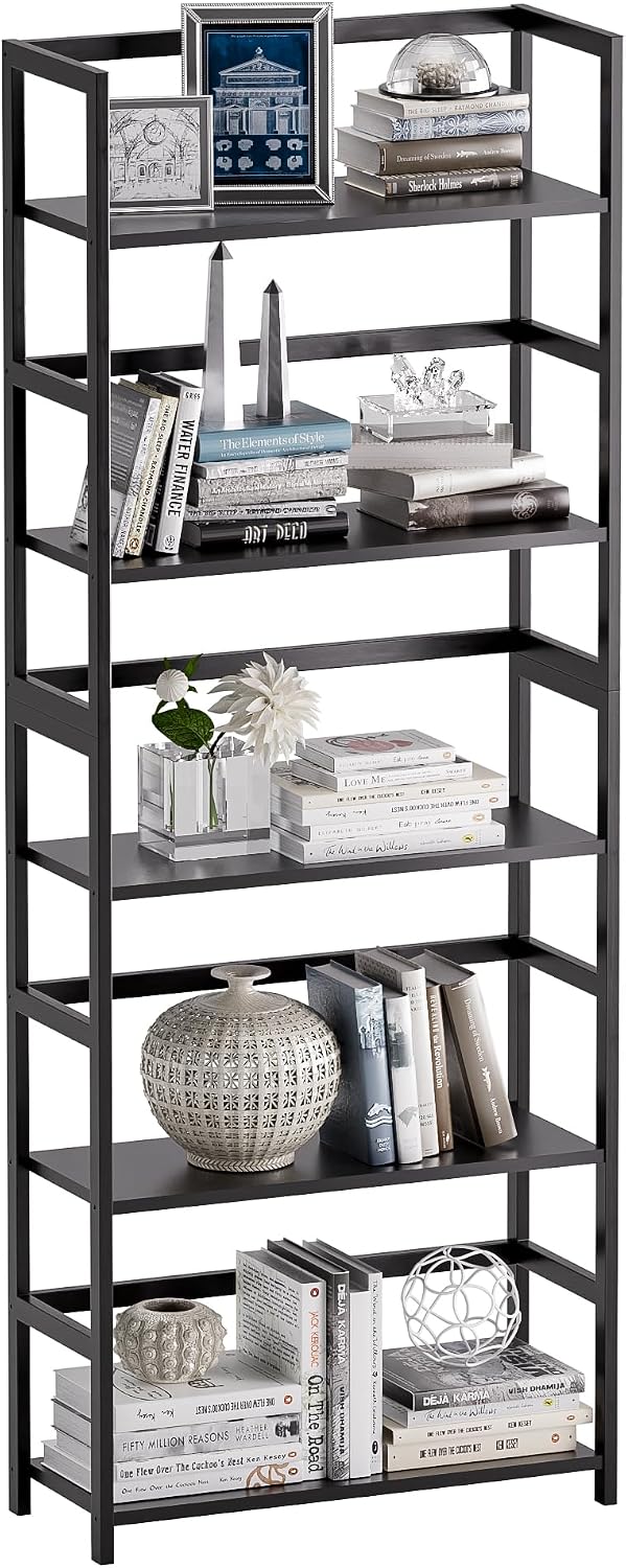 5-Tier Bamboo Wood Ladder Bookshelf, Tall Display Storage Shelf, Large Bookca...