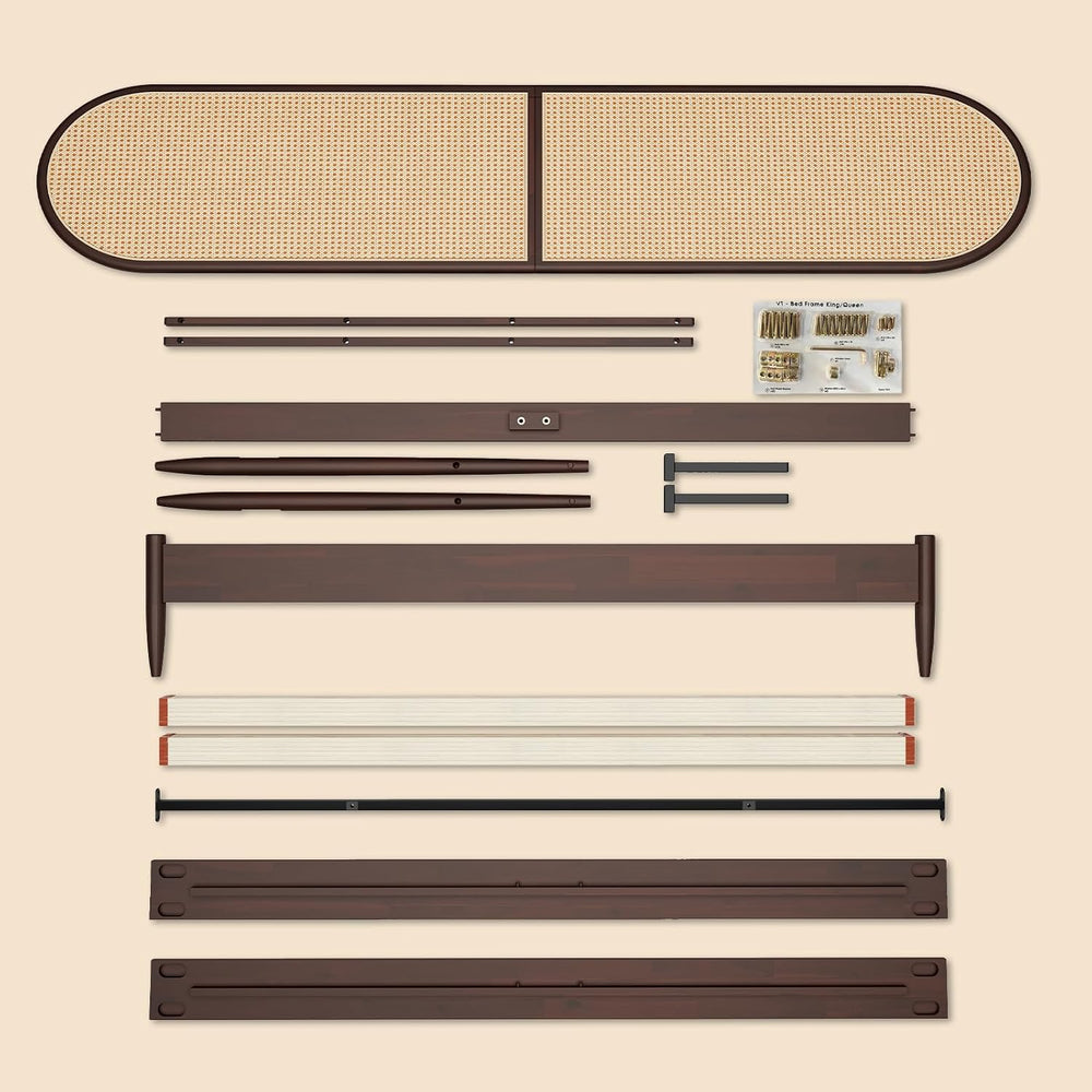 King Bed Frame with Rattan Headboard, Solid Wood Foundation with 12-Slat Wood...