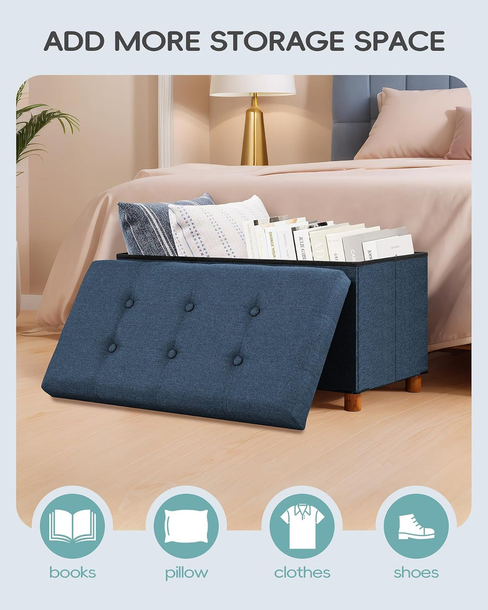 PINPLUS Storage Ottoman Cube, White Linen Footrest with Wooden Legs, Foldable...