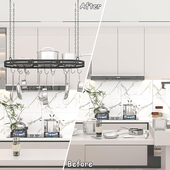 33” Hanging Pot Rack Ceiling Mount, Oval Pots and Pans Hanging Rack, Ceiling