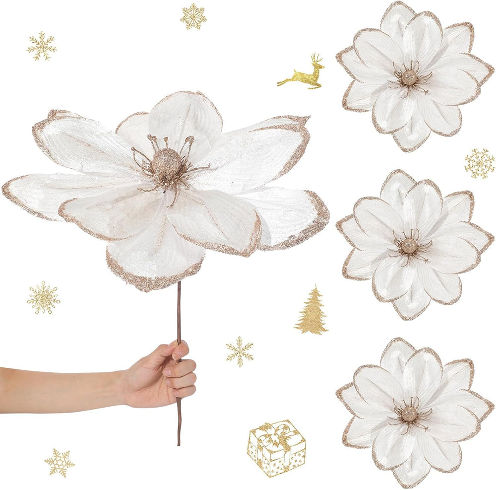 Thiccywoov 8 Pack Large 16'' Christmas Velvet Magnolia Flowers, White