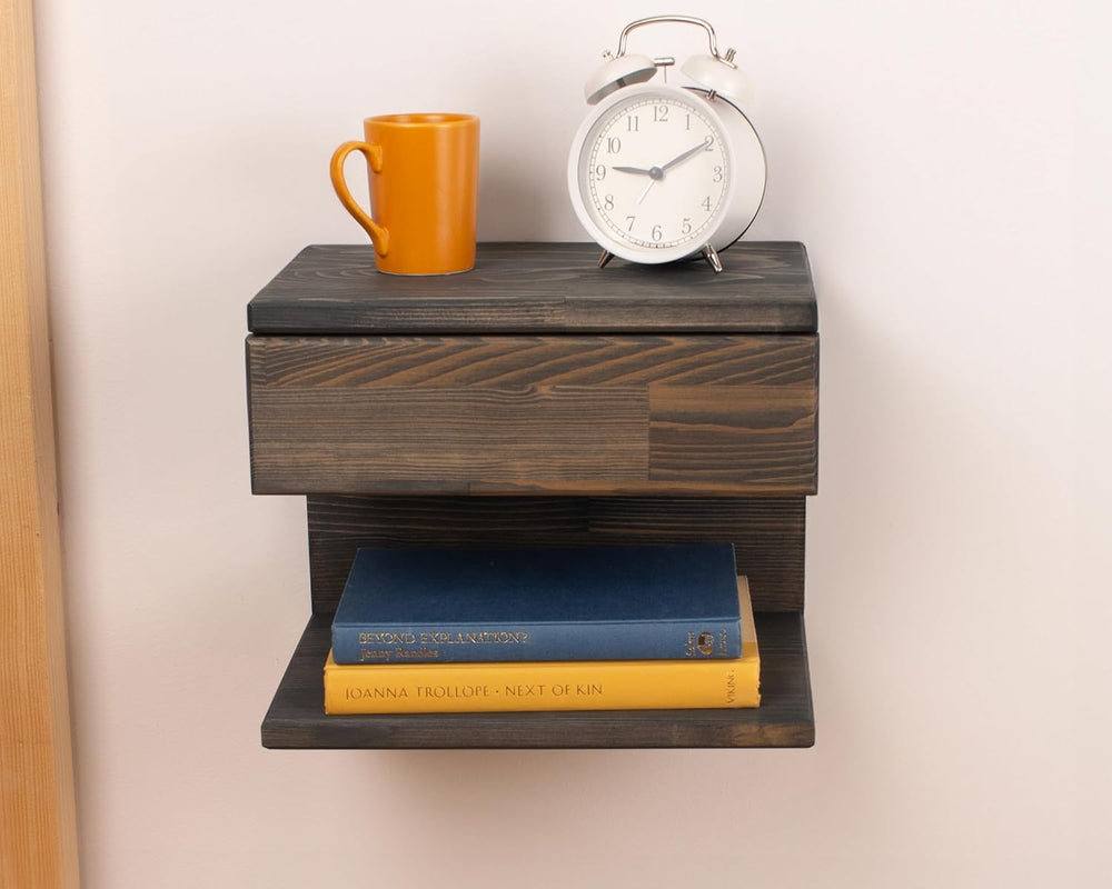 Floating Nightstand Side Accent or End Table with Storage Drawer, Wood Bedsid...