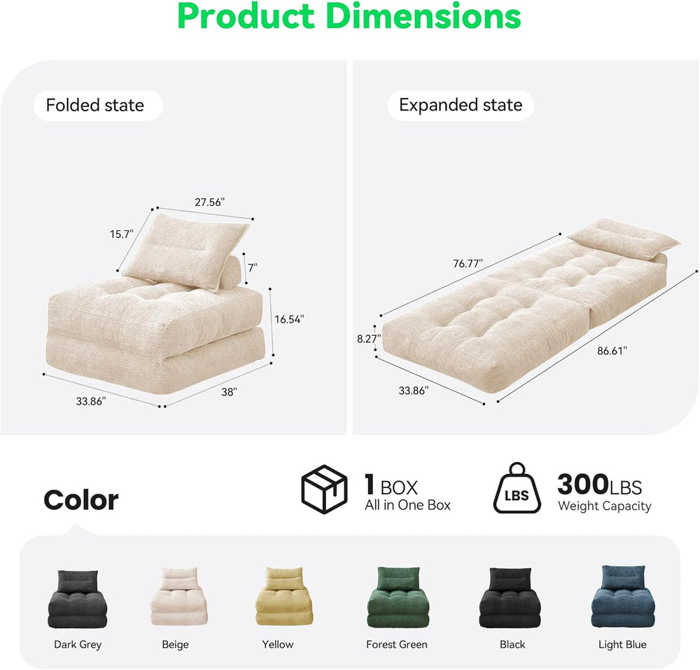 MONVANE 3-in-1 Folding Sofa Bed, Convertible Sleeper Chair Bed, Beige