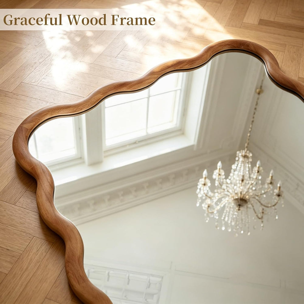 28"x40" Wavy Wood Mirror, Rectangular Wall Mirror with Natural Wood...