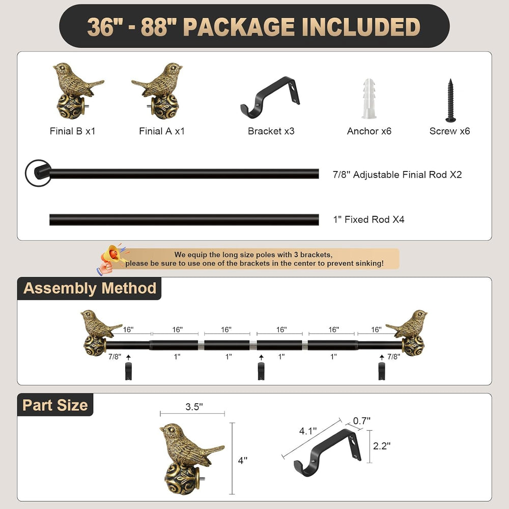 Black Bird Curtain Rods for Windows 48-84 Inch Adjustable Decorative