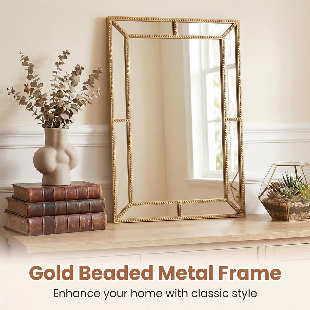 CHARMAID Gold Beaded Wall Mirror, 36"x24" Decorative Metal Framed V...