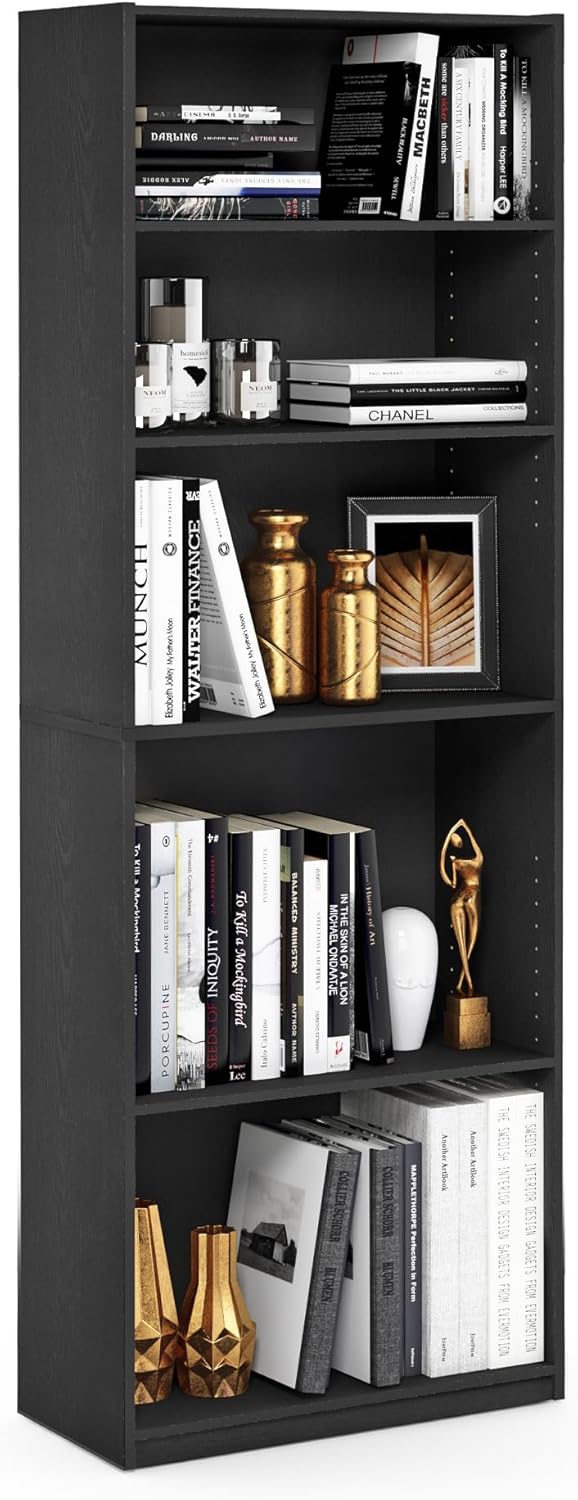 Furinno Jaya Book Shelf, 5-Tier Bookshelf, Bookcase with Adjustable Shelves, ...