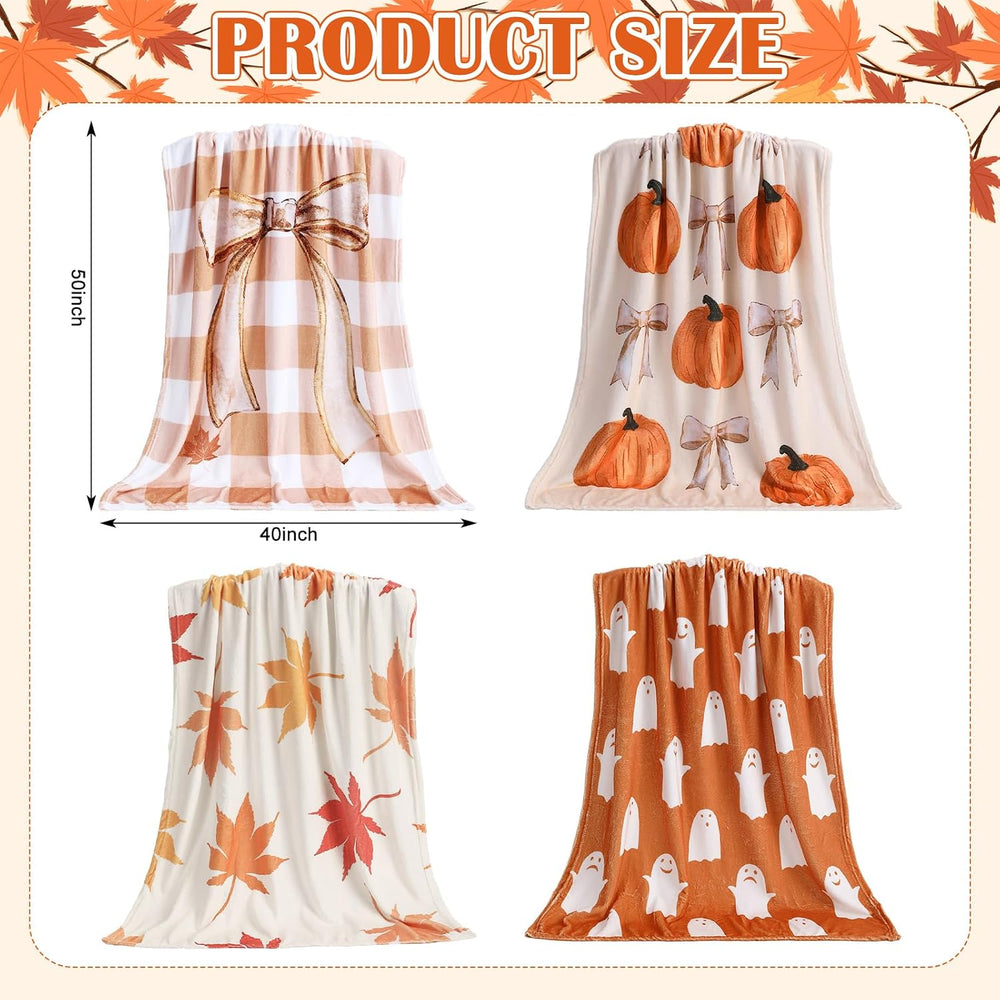 4 Pcs Fall Throw Blankets Bulk, Autumn Flannel Blanket, 40x50 in