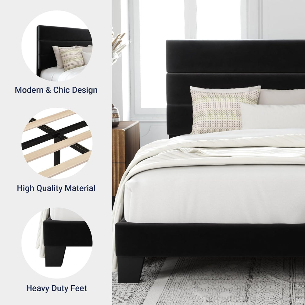 Allewie Full Size Platform Bed Frame with Velvet Upholstered Headboard