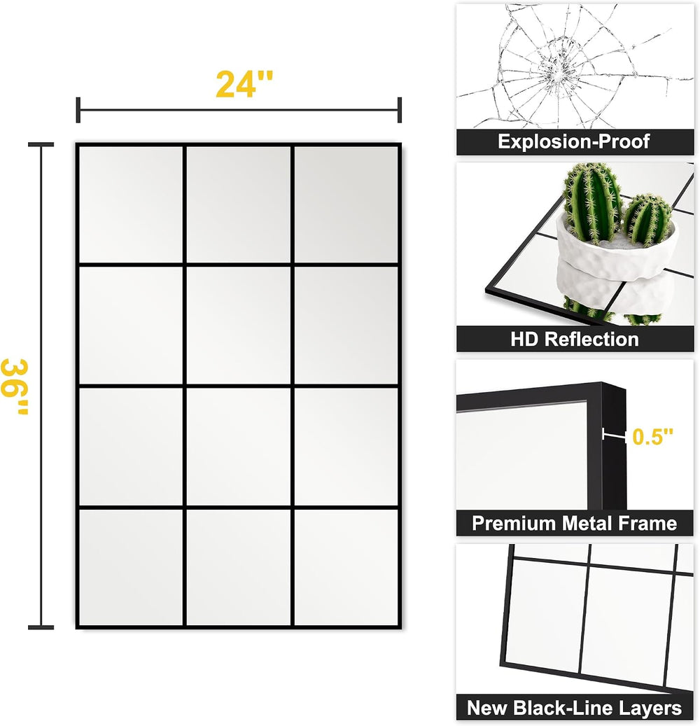 Window Pane Wall Mirror 24"x36" Black