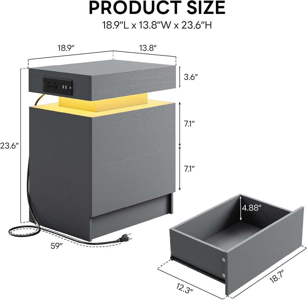 LIKIMIO Nightstand Set of 2 with Charging Station LED Light 2 Drawers Grey