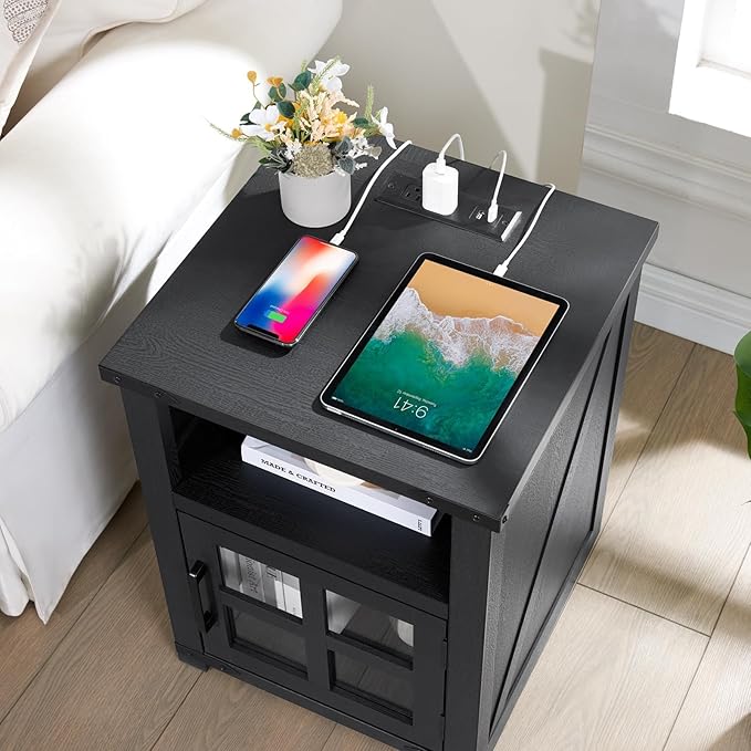 Farmhouse Nightstand with Charging Station, Rustic End Table with Tempered Gl...