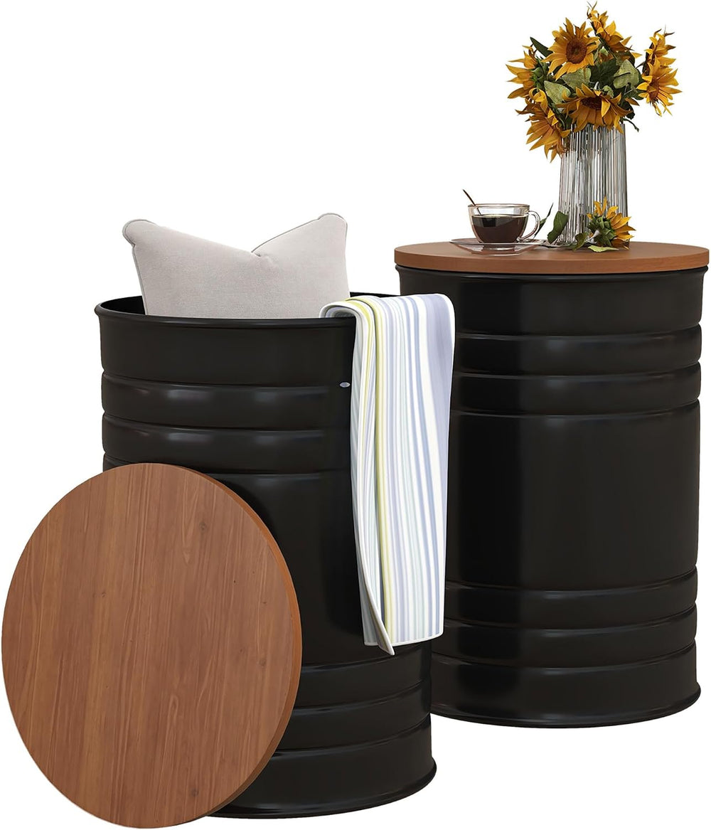 HOMCOM Nesting End Table Set of 2 with Round Storage Ottoman Stool Black | Re...